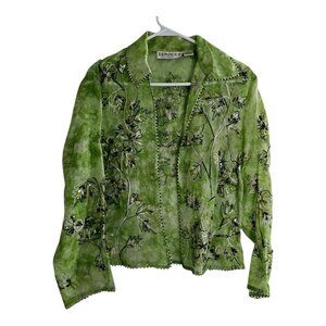 VTG Tunique 100% Silk Cardigan Sequin Embellished Floral Green Sz. Medium
